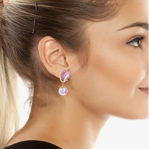 ⚜️Betsey Johnson Pink Heart Cupid Pearl Valentines Day Earrings! NWT! - Picture 2 of 5